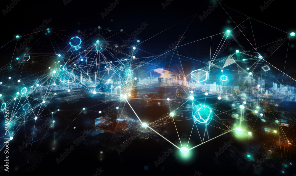 Scope of neon images over the digital cityscape. Data processing and global technologies concept. Generative AI. Scope of neon images over the digital cityscape. Data processing and global technologies concept. Generative AI.