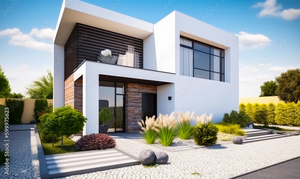 Beautiful villa on the sunny day. Beautiful minimalistic design of the summer house. Low angle view. Generative AI. Beautiful villa on the sunny day. Beautiful minimalistic design of the summer house. Low angle view. Generative AI.