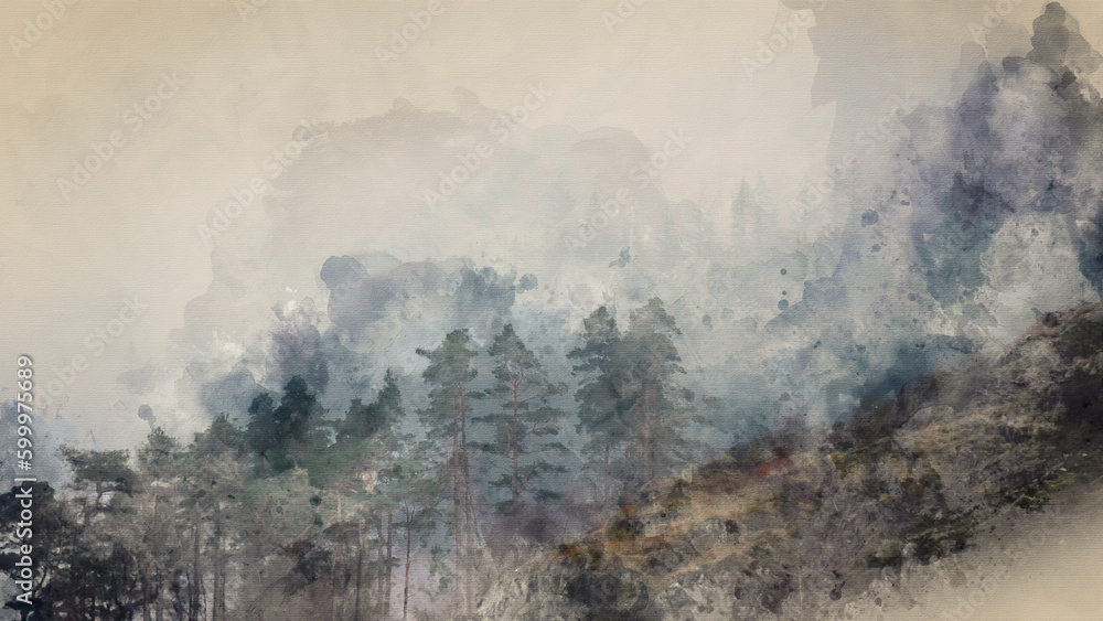 Fototapeta premium Digital watercolour painting of Beautiful calm peaceful Winter landscape over Thirlmere in Lake District with mist and layers visible in the distance