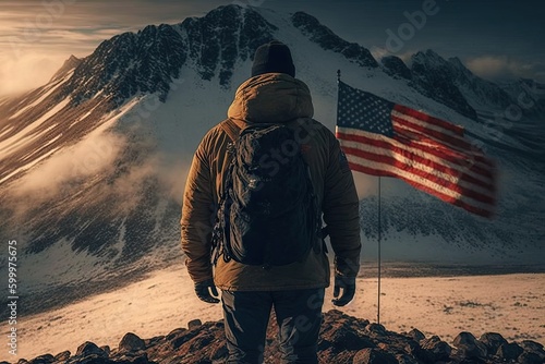 man standing on a montain with american flag in winter. generative ai
