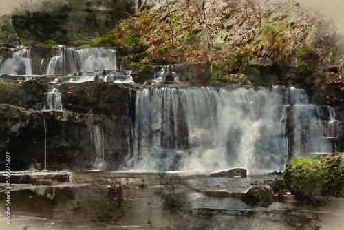 Digital watercolour landscape painting of waterfall in Yokrshire Dales in England during Winter