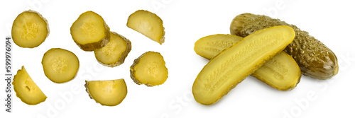 Cuadro en lienzo Marinated pickled cucumber slices isolated on white background with  full depth of field