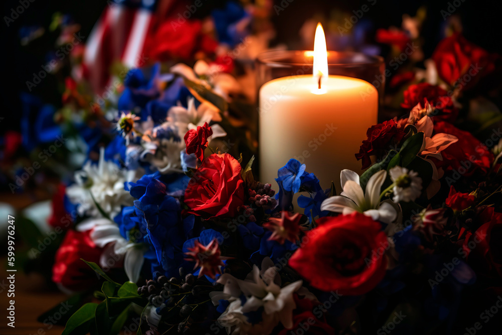 Solitary lit candle within a glass lantern, surrounded by a wreath of red, white, and blue flowers, paying tribute to fallen heroes on Memorial Day. - obrazy, fototapety, plakaty 