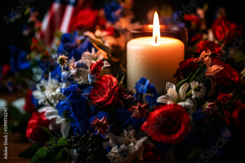 Canvastavla Solitary lit candle within a glass lantern, surrounded by a wreath of red, white, and blue flowers, paying tribute to fallen heroes on Memorial Day