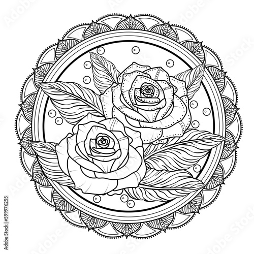 Vector illustration of a mandala with two roses for coloring adult book, Mandala con due rose in bianco e nero da colorare per libro adulti