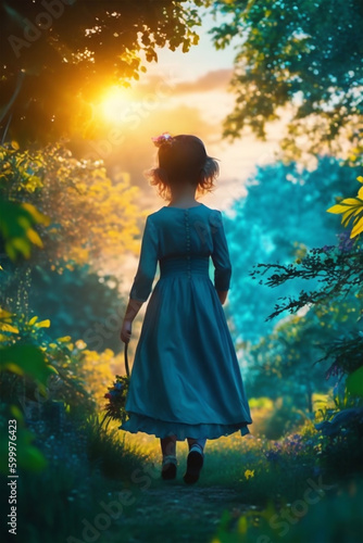 太陽に向かって歩く青い服の少女 Generative AI