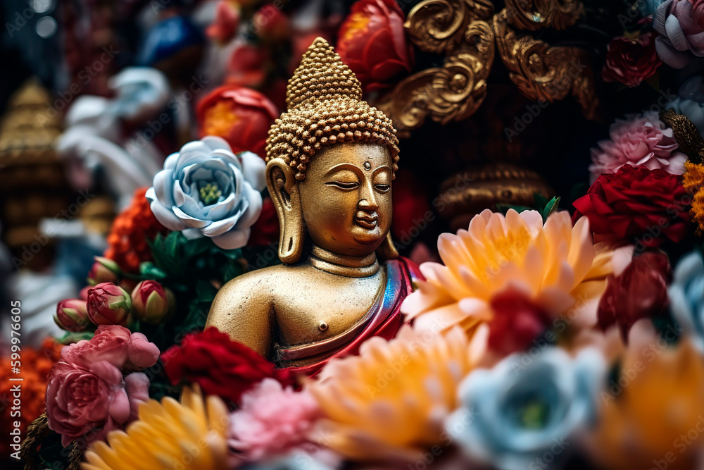 Ornate Buddha statue adorned with ceremonial flowers and colorful fabric during Vesak Day celebrations. 