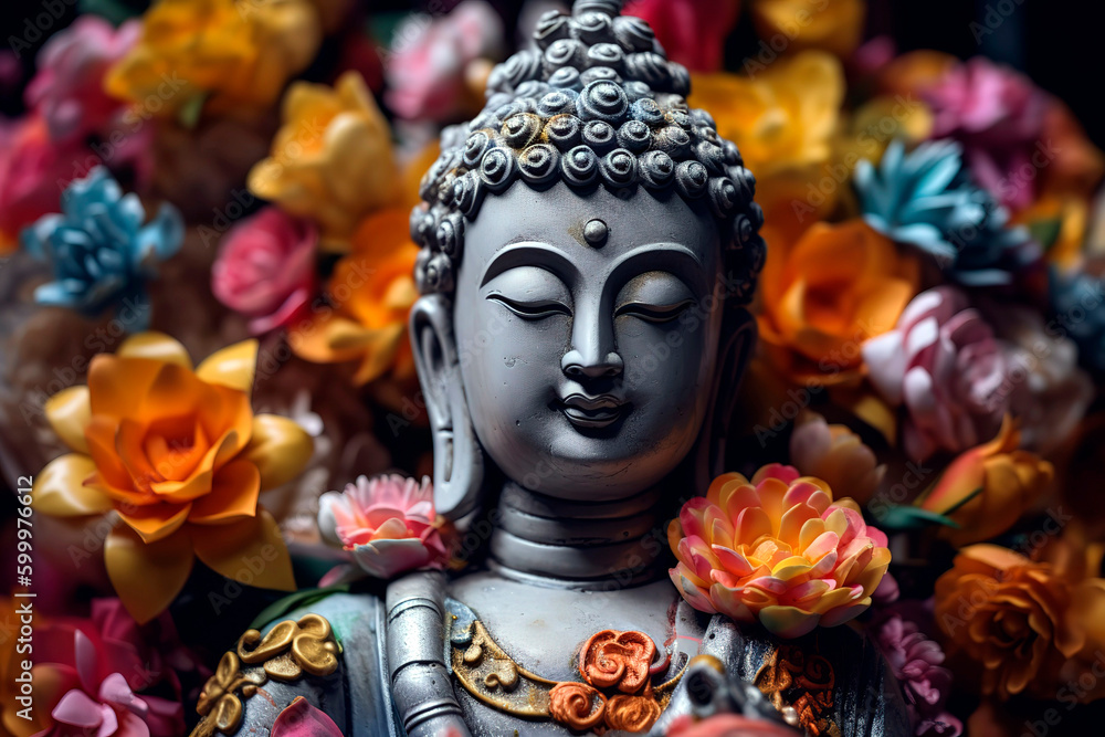 Ornate Buddha statue adorned with ceremonial flowers and colorful fabric during Vesak Day celebrations. 