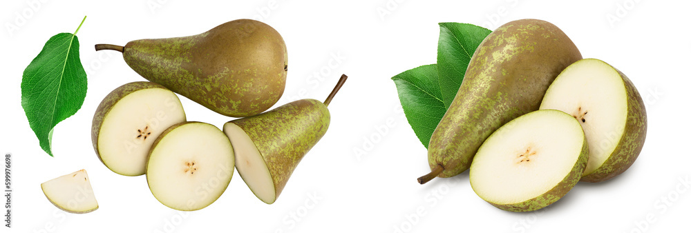 Green conference pear isolated on white background with full depth of field, Top view. Flat lay Green conference pear isolated on white background with full depth of field, Top view. Flat lay