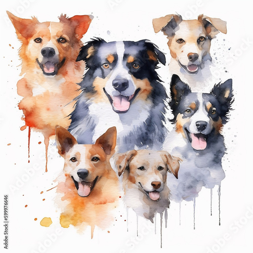 Watercolor dogs on white background. Generative AI
