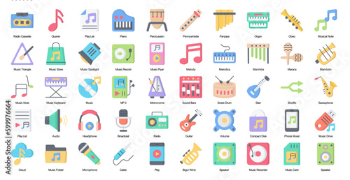 Rock & Roll Flat Iconset Instrument Music Color Icon Bundle