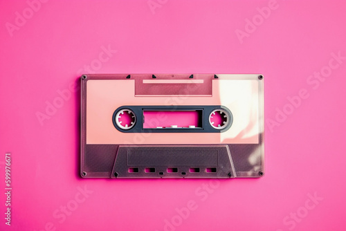 Retro cassette tape on pink background