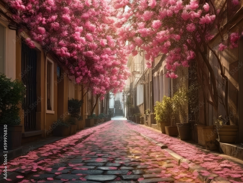 Fototapeta premium Alley of lushly blooming pink magnolias