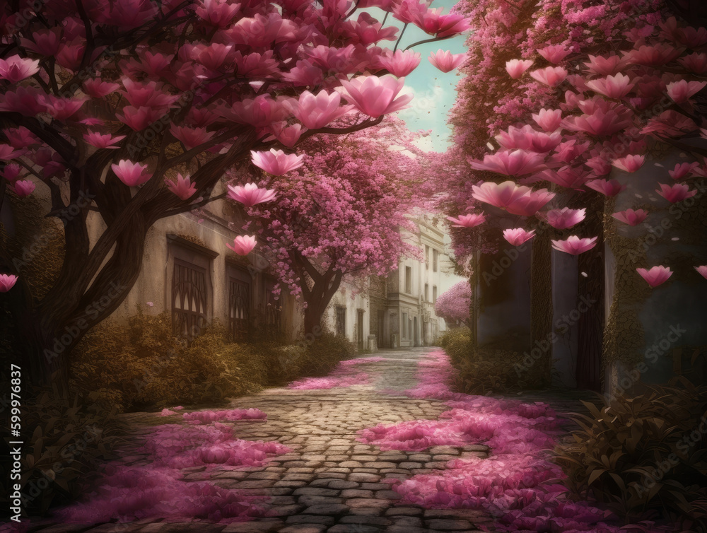 Alley of lushly blooming pink magnolias