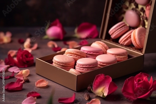 Delicate pink macaroons in a romantic package. Generative AI.