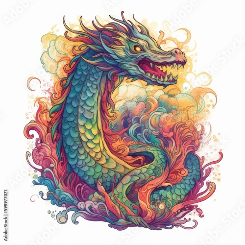 Oriental style multicolored dragon in flames © Ronnie