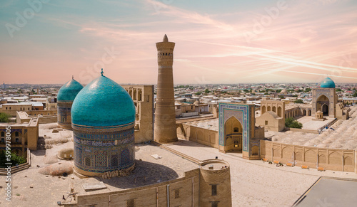 Buhara, Uzbekistan Aerial view of Mir-i-Arab Madrasa Kalyan minaret and Poi Kalyan Mosque. photo
