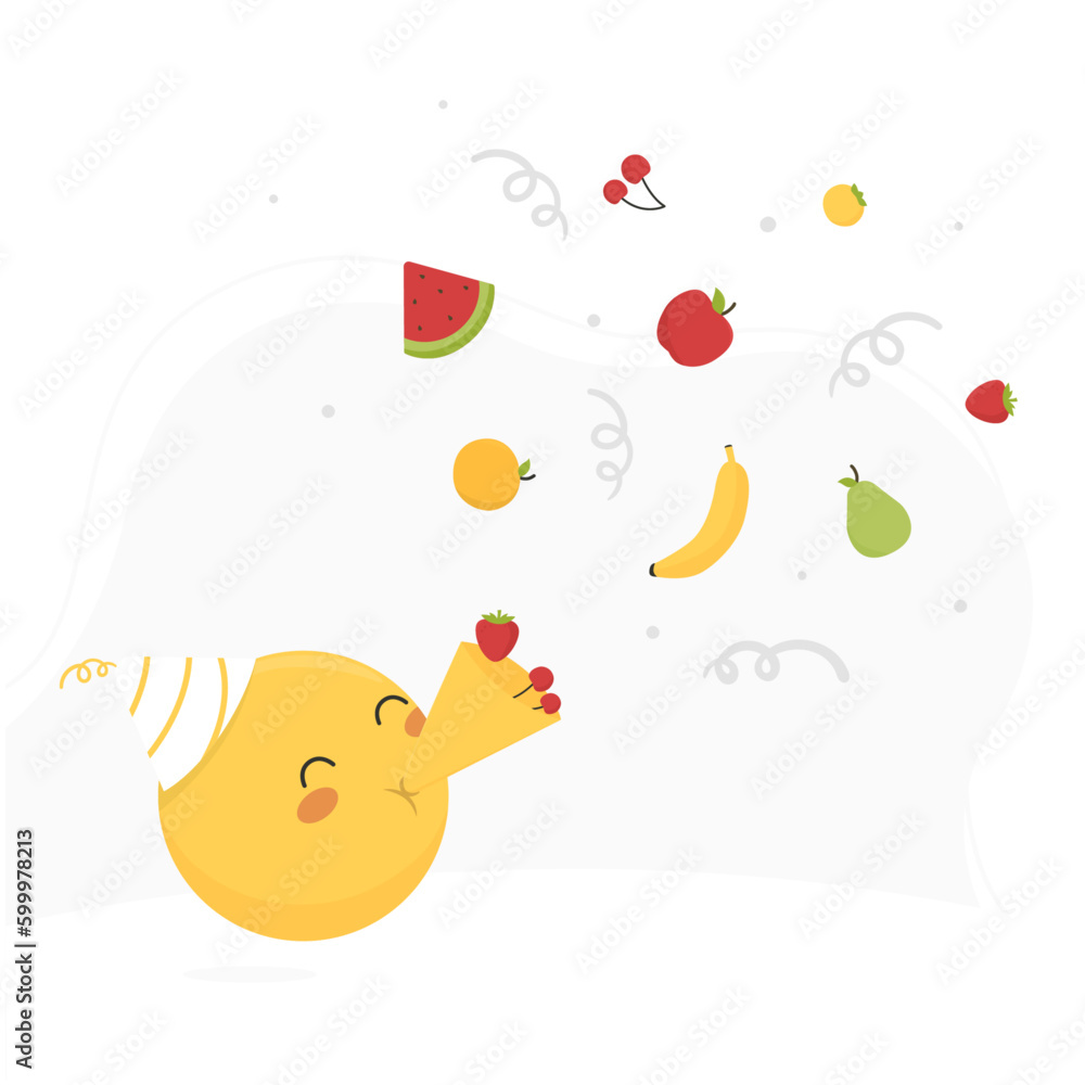Yellow emoji face blowing party horn, exploding party popper with ...