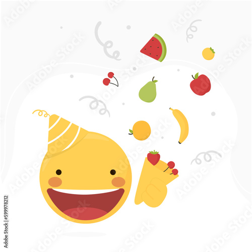 Vector illustration to celebrate World Fruit Day
Happy emoji face with a big smile, fruit party popper in the hand and a yellow hat. 
Explosion of flavors:  strawberry, banana, apple, watermelon …
