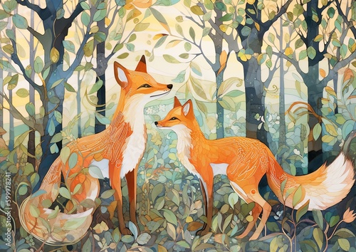 Adorable Hand-Drawn Illustration of red foxes for Children s Book. Generative AI.