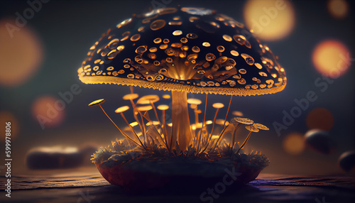 Astrolabe Mushroom Glowing Spores Ancient Magic Bokeh Background AI Generative