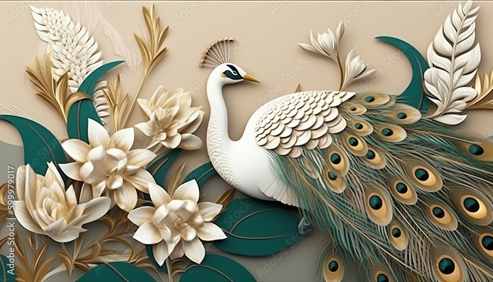 3d modern interior mural painting wall art decor abstraction wallpaper with  white, dark green and golden tropical palm leaf branches and flowers with  feathers peacock bird Stock Illustration | Adobe Stock