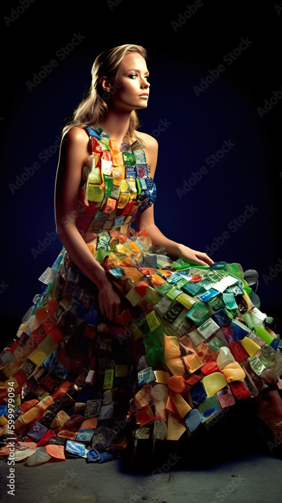A woman in multicolored recycled plastic dress outfit, AI recycled costume  idea Generative AI Stock Illustration