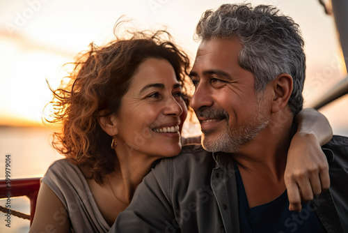 Smiling senior couple in love enjoying sunset on yacht in the sea, Generative AI