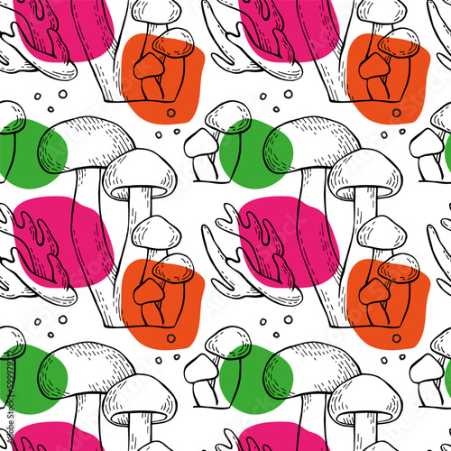 Mushrooms outline vector seamless pattern for textile, wrapping paper, wallpaper on white background