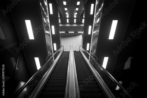 symmetrical urban photograph with bright lights and escalators from a modern subway. High contrast black and white. Looking up towards an exit to the city