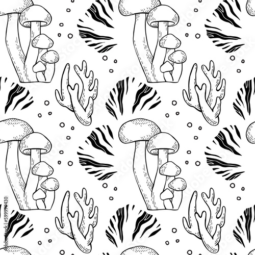 Mushrooms outline black and white vector seamless pattern for textile, wrapping paper, wallpaper