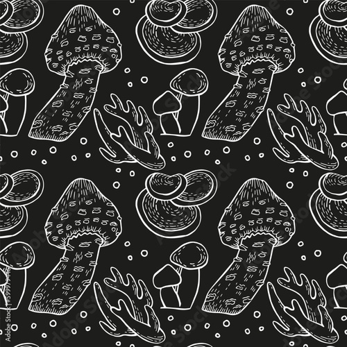 Mushrooms outline black and white vector seamless pattern for textile, wrapping paper, wallpaper