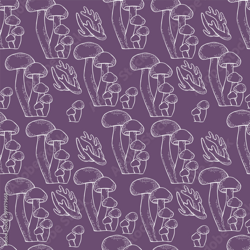 Mushrooms outline vector seamless pattern for textile, wrapping paper, wallpaper white on lilac background