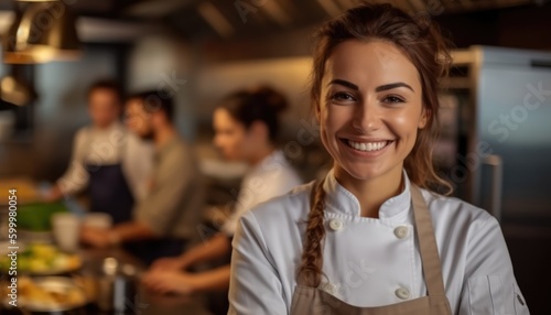 Smiling attractive female chef posing at the restaurant she works for. Generative AI