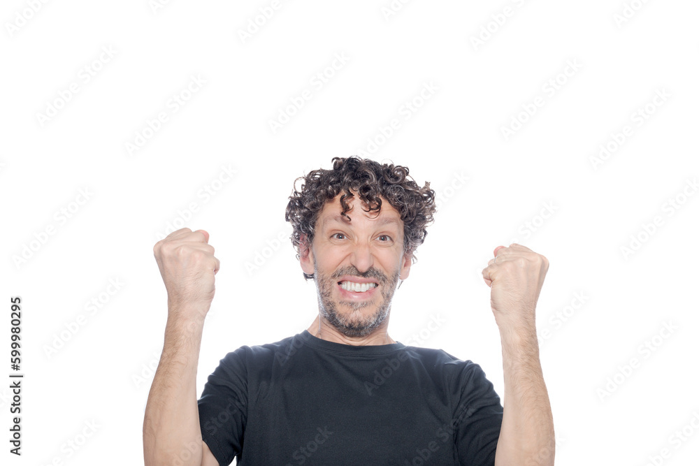 Middle-aged man, fists up, celebrating with ecstasy, on white background. Middle-aged man, fists up, celebrating with ecstasy, on white background.