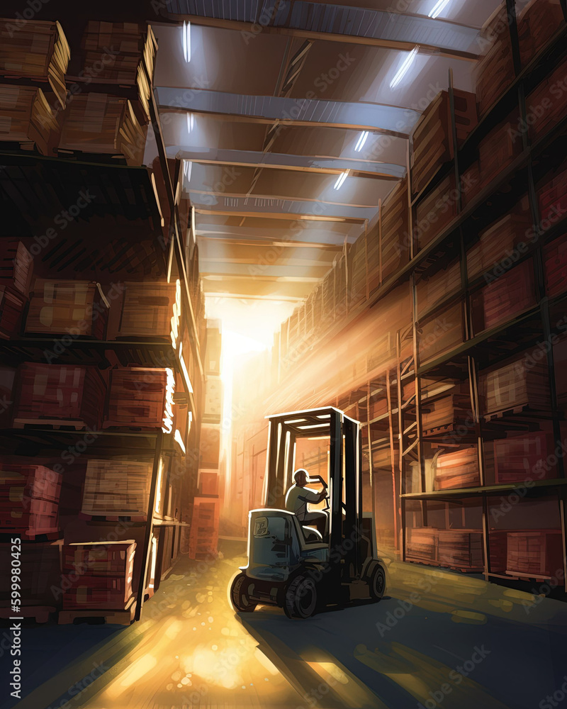 Forklift working in warehouse created with Generative AI technology.