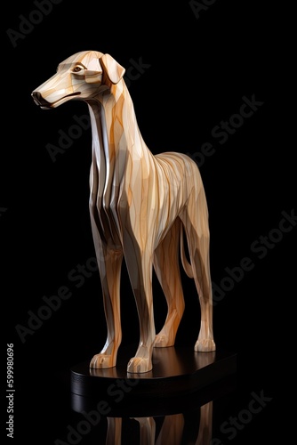 AI-generated illustration of a Borzoi dog sculpted in wood. MidJourney.