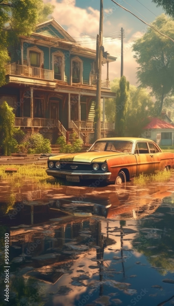Obraz premium Flooded streets, homes, and cars abandoned; climate change in action. (Generative AI)