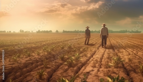 Drought-stricken farmers watch crop fields turn to dust under scorching sun. (Generative AI) © HandmadePictures