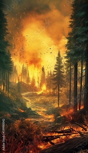 Wildfires rage, smoke fills the air, flames consume the forest. (Generative AI)