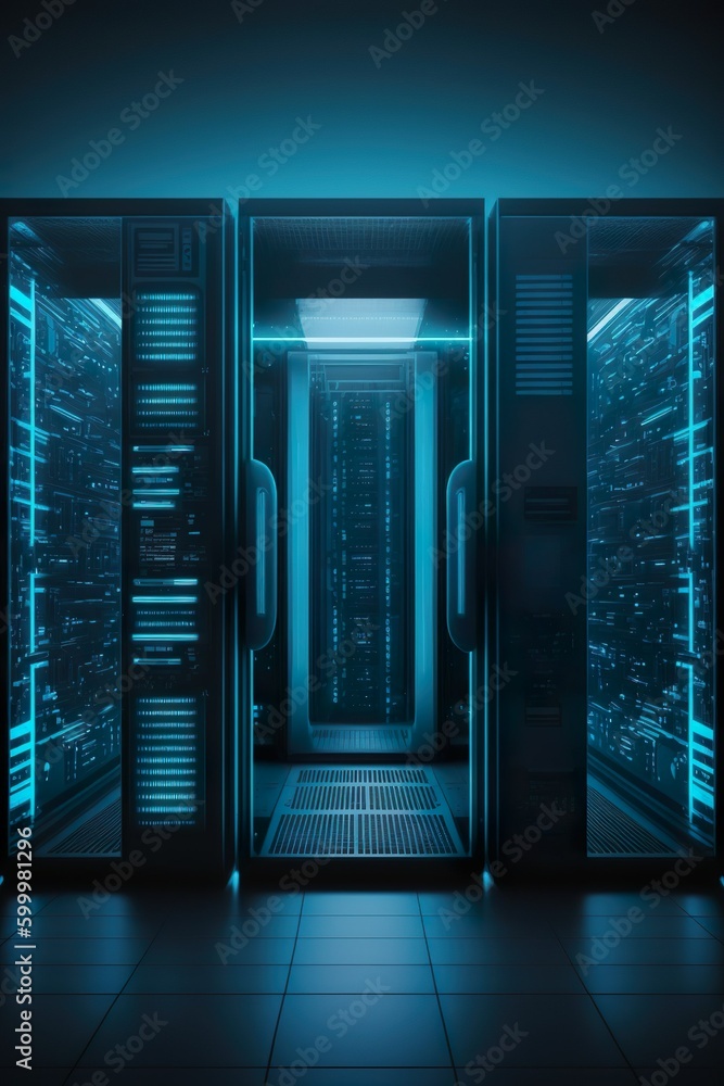 Working Data Center Full of Rack Servers and Supercomputers, Modern ...