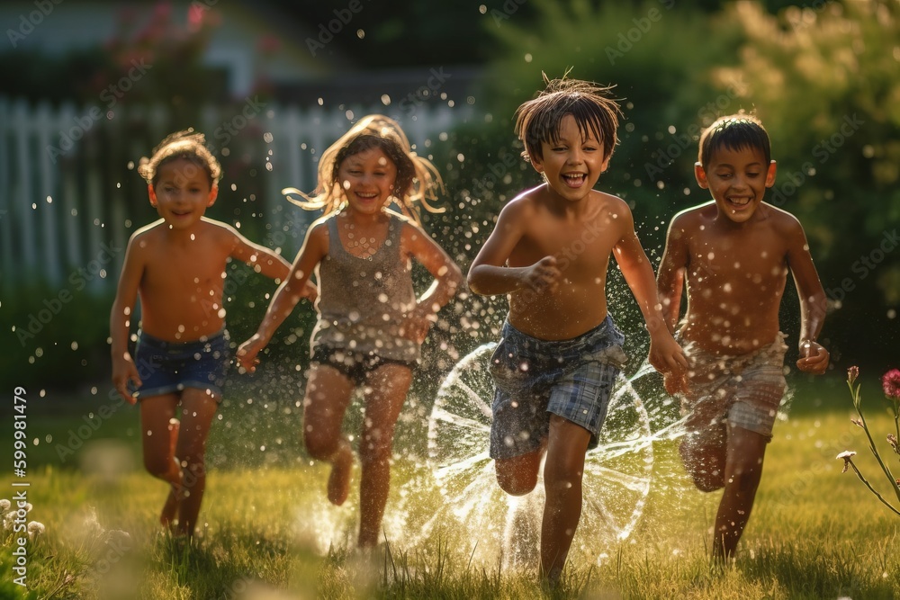 Children playing in the sprinkler on a hot summer day. Generative AI ...