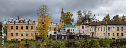 Russian provincial architecture, gloomy autumn evening in small town Torzhok, Russia
