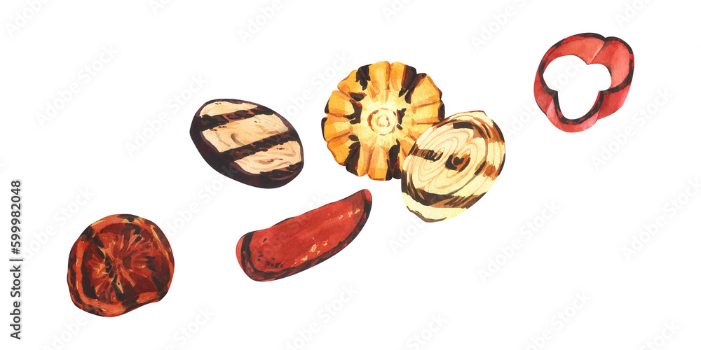 Fototapeta premium Watercolor set grilled vegetable slices barbecue. Hand-drawn illustration isolated on white background. Perfect for menu cafe, restaurant, barbecue