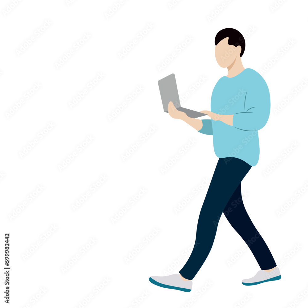 The guy is walking with a laptop in his hands, isolate on white, flat vector, work on the go, frantic pace of life