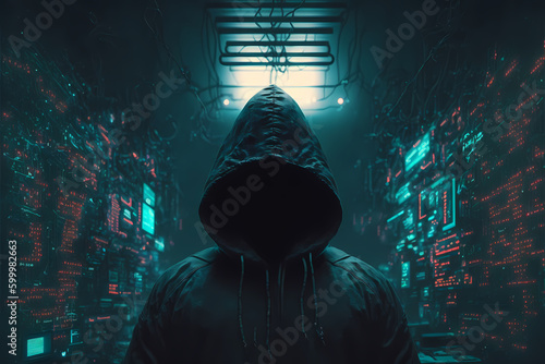 The dark web hooded hacker banner. Generated by AI. photo