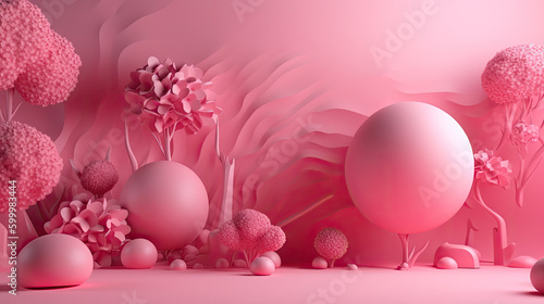 Abstrakt-kreative 3D-Darstellung einer Frühlingsszene in rosa Farben (Generative AI)