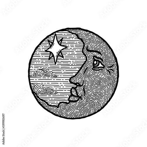 Vintage moon face. Sun, star, celestial antique retro night astronomy icon, line tattoo or logo, old crescent for sketch, gravure, zodiac horoscope symbol, hand drawn sky. Vector isolated illustration