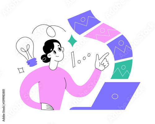 Artificial intelligence, AI service generates many images for designer, woman choosing between lots of images, pointing her finger at picture, using program on laptop, idea icon, vector illustration photo