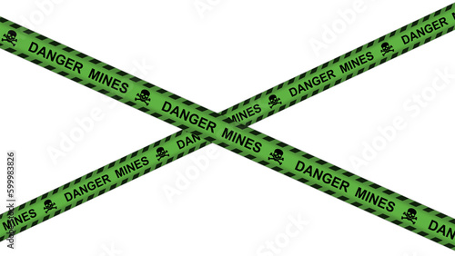 Fotografía Turning rolls of green tape khaki stripes with scull landmines image